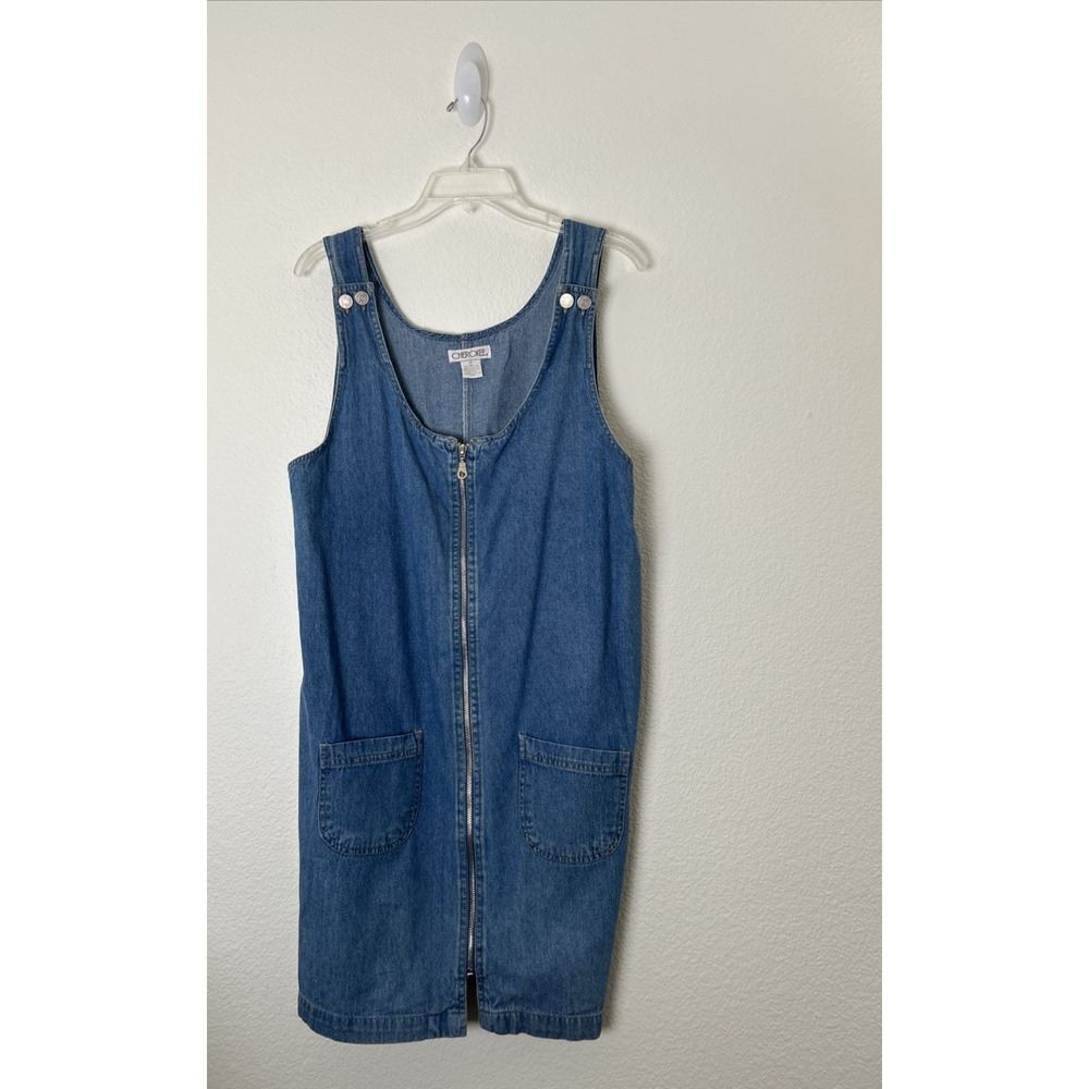 VTG CHEROKEE Womens Dress L Denim Sleeveless Jumper Pockets Front Full Zip Y2K